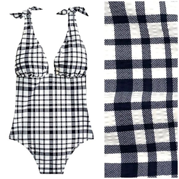 NEW J. Crew Tie-shoulder One-piece Swimsuit Navy White Marine Plaid Seersucker 6 - Picture 1 of 14